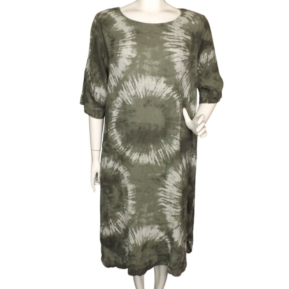 MADE IN ITALY Kaftan/Dress, L/XL, Linen, Green Tie Dye, Pockets, Midi, Loose fit
